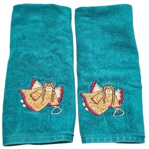 Green Embroidered Angel Christmas Hand Towels Set Made In USA 100% Cotton VTG